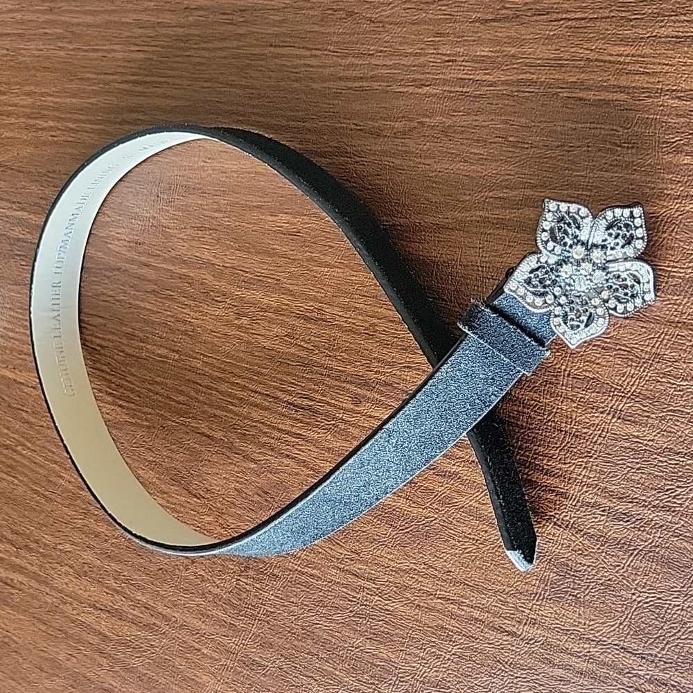 Leather Belt with Rhinestone Flower Buckle